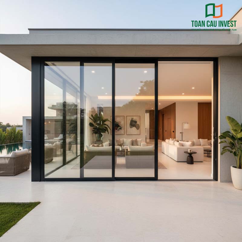 Cửa đi mở trượt nhôm kính khổ lớn, kết nối không gian phòng khách và sân vườn, mang lại tầm nhìn rộng mở và ánh sáng tự nhiên.