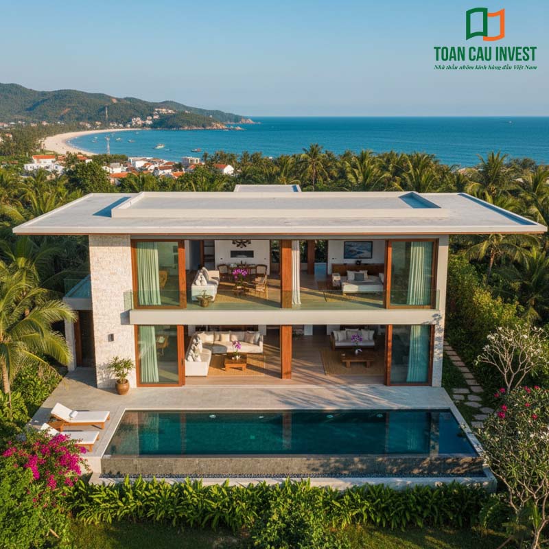 Biệt thự nghỉ dưỡng cao cấp với cửa đi mở trượt nhôm kính, thiết kế mở rộng tối đa tầm nhìn hướng ra biển và thiên nhiên xung quanh.