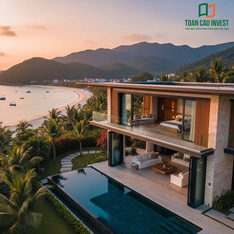 Cửa đi mở trượt cho villa hướng biển, mang lại không gian mở thoáng rộng, đón nắng và gió biển vào bên trong căn nhà.