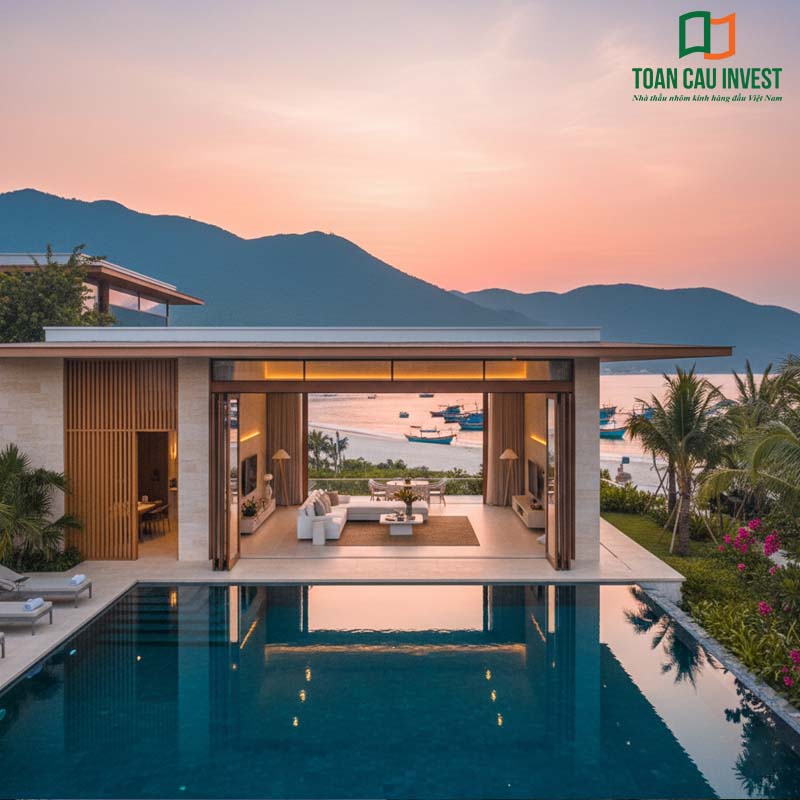 Không gian villa ven biển đẳng cấp với cửa đi mở trượt, mở rộng tối đa góc nhìn ra hồ bơi và bãi biển hoàng hôn thơ mộng.