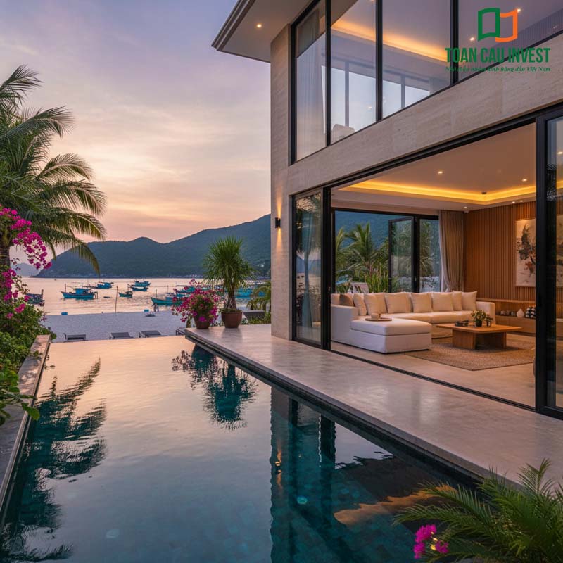 Cửa đi mở trượt kính cường lực cho biệt thự ven biển, kết nối phòng khách với hồ bơi và khung cảnh hoàng hôn lãng mạn.