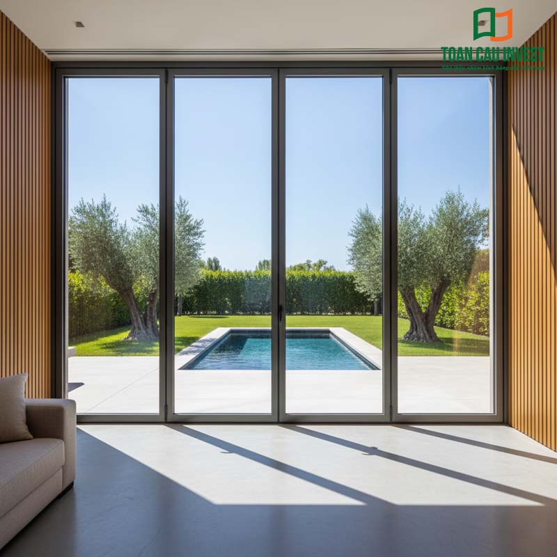 Cửa đi xếp trượt khung nhôm tối giản mở ra hồ bơi sân vườn, mang lại vẻ đẹp hiện đại và tiện nghi.