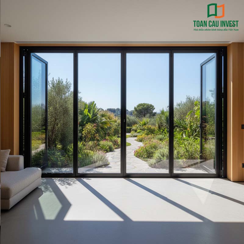 Cửa đi xếp trượt nhôm kính mở hướng ra lối đi vườn xanh mát, tạo sự kết nối hài hòa giữa nội thất và thiên nhiên