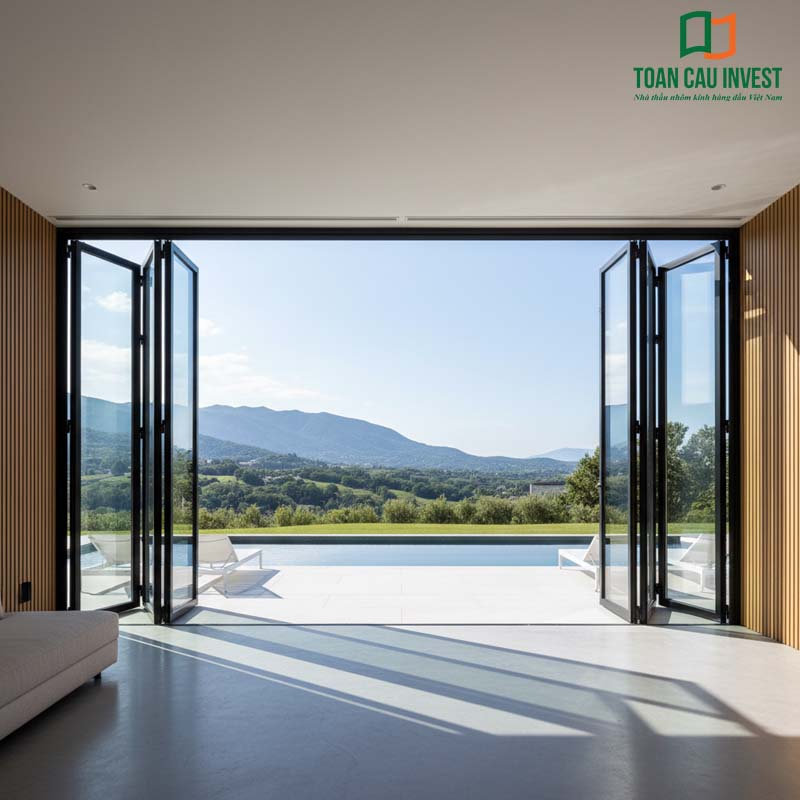 Cửa đi xếp trượt khổ lớn mở trọn cảnh quan núi non hùng vĩ, tối ưu ánh sáng tự nhiên và tầm nhìn toàn cảnh