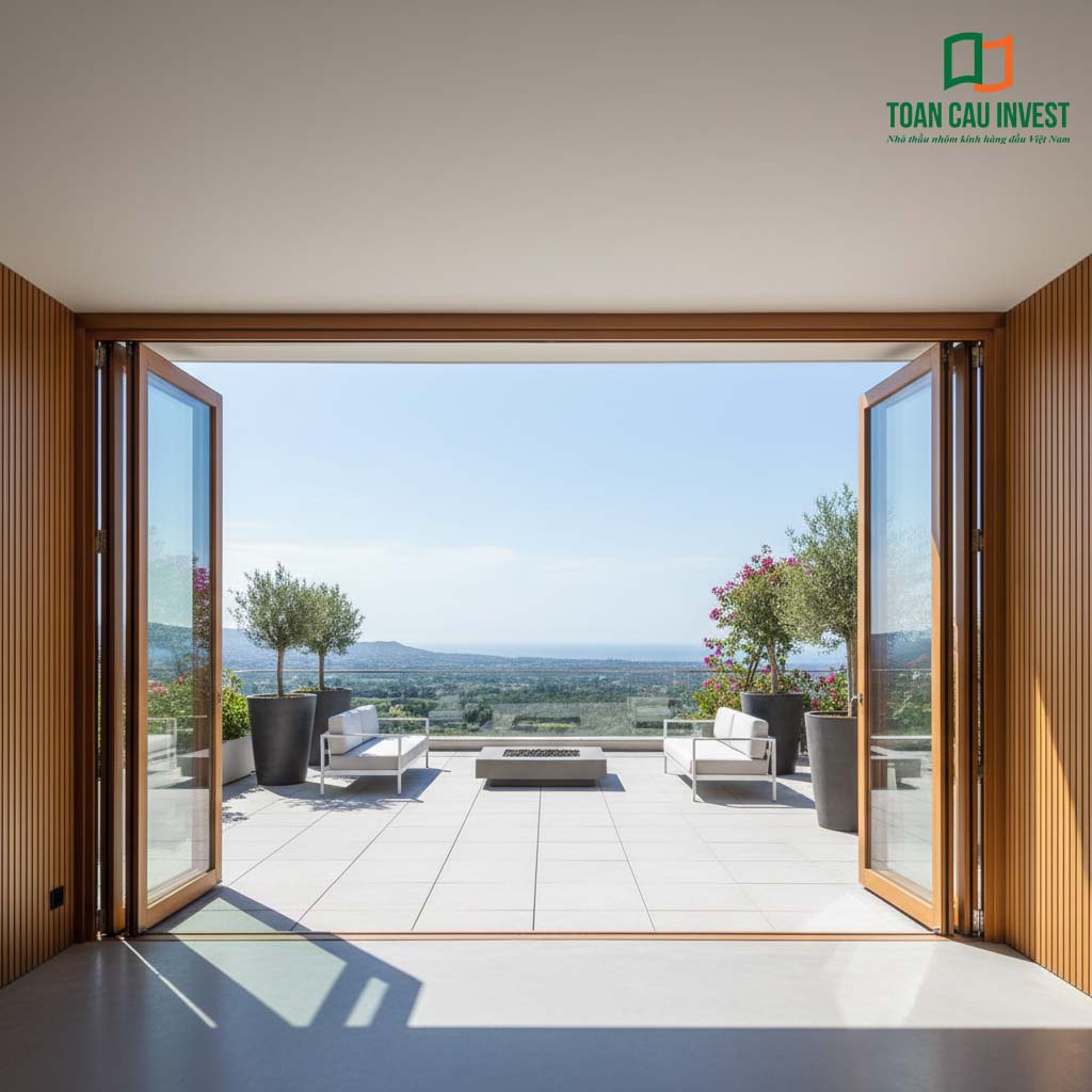 Cửa đi xếp trượt nhôm kính Toàn Cầu Invest mở rộng tầm nhìn ra ban công sang trọng, hướng ra cảnh quan thiên nhiên rộng lớn