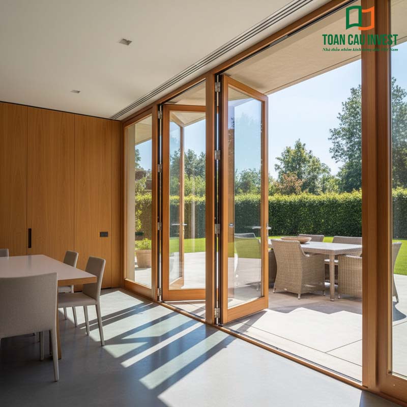 Cửa đi xếp trượt hiện đại mở ra khu vườn xanh mát, đem lại sự tiện nghi và không gian sống gần gũi thiên nhiên