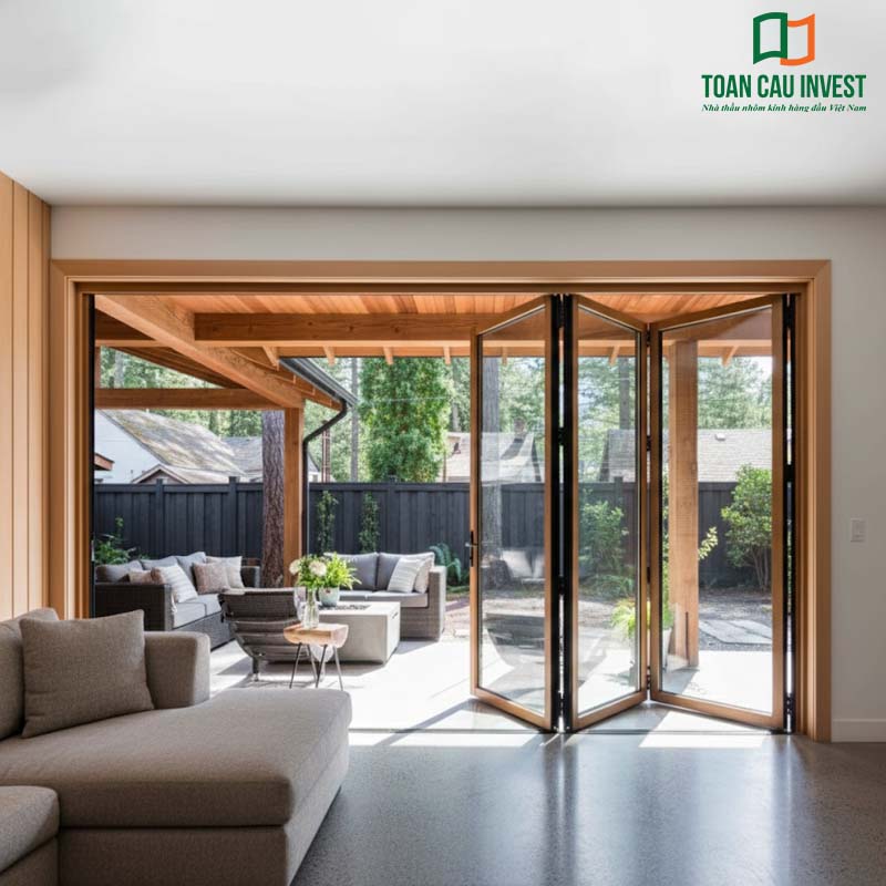 Cửa đi xếp trượt nhôm kính mở ra khoảng sân hiên thoáng mát, tạo sự liền mạch giữa nội thất và ngoại cảnh.