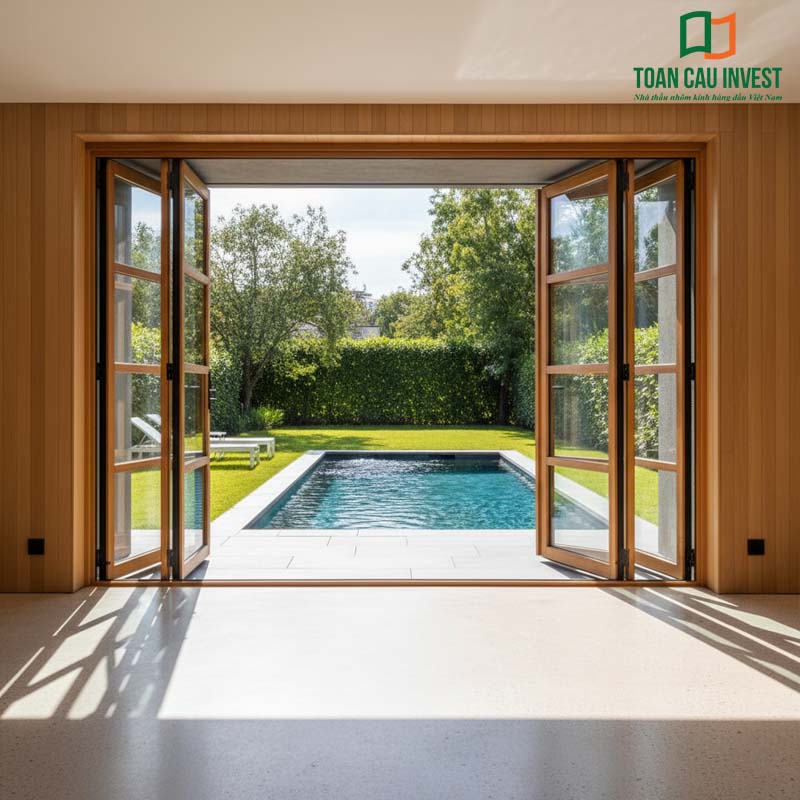 Cửa đi xếp trượt khung gỗ kết hợp kính cường lực, mở ra hồ bơi sân vườn, tối ưu thẩm mỹ và công năng.