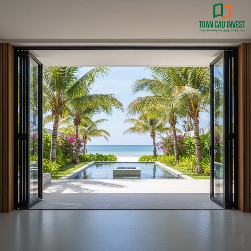 Cửa đi xếp trượt hiện đại mở ra tầm nhìn biển xanh và hàng dừa nhiệt đới, mang đến trải nghiệm nghỉ dưỡng đẳng cấp
