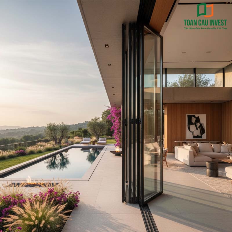 Cửa đi xếp trượt nhôm kính mở rộng ra hồ bơi sang trọng, tạo không gian thông thoáng và kết nối hoàn hảo giữa phòng khách và cảnh quan ngoài trời