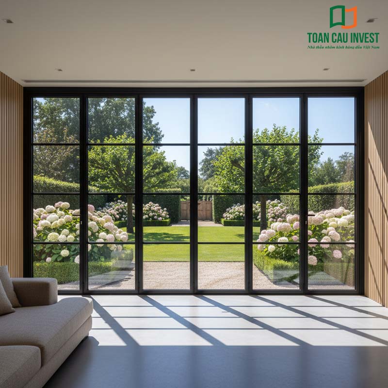 Cửa đi xếp trượt phong cách châu Âu với ô kính chia nan, tạo điểm nhấn thẩm mỹ và khung cảnh sân vườn ngập tràn hoa lá