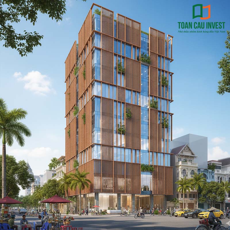 Công trình văn phòng cao tầng hiện đại với lam chắn nắng gỗ nhôm kết hợp cây xanh, tối ưu năng lượng tự nhiên.