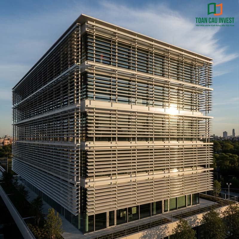 A high-rise building featuring a fully integrated white Operable Sun Louver System across its entire façade, providing optimized control of natural light and indoor temperature.