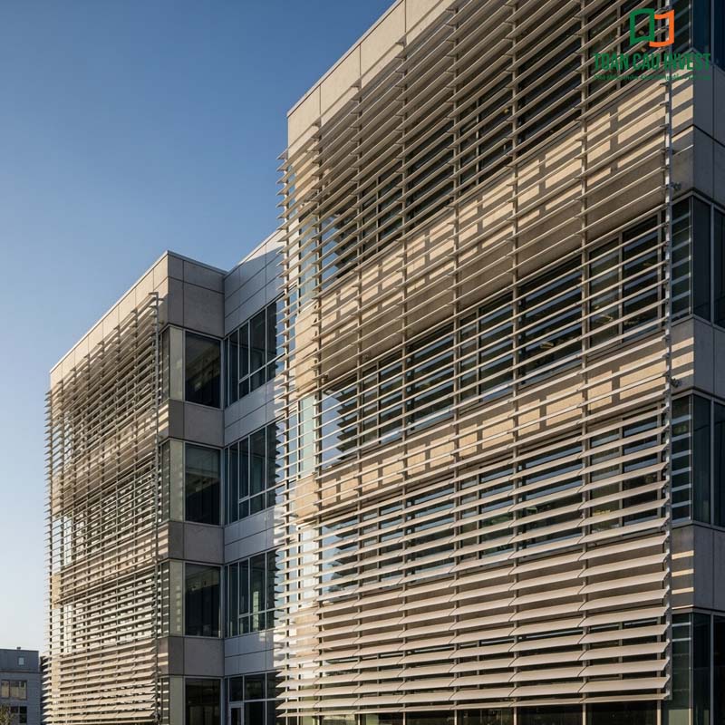 Modern architectural block featuring an operable sun-louver system that optimizes ventilation, provides effective shading, and enhances overall aesthetics.