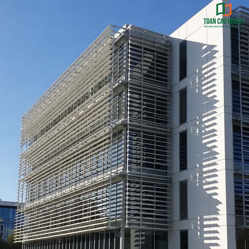 A high–end operable aluminum sun-louver system with a durable powder-coated finish, creating a cohesive, modern, and long-lasting façade for the buildin