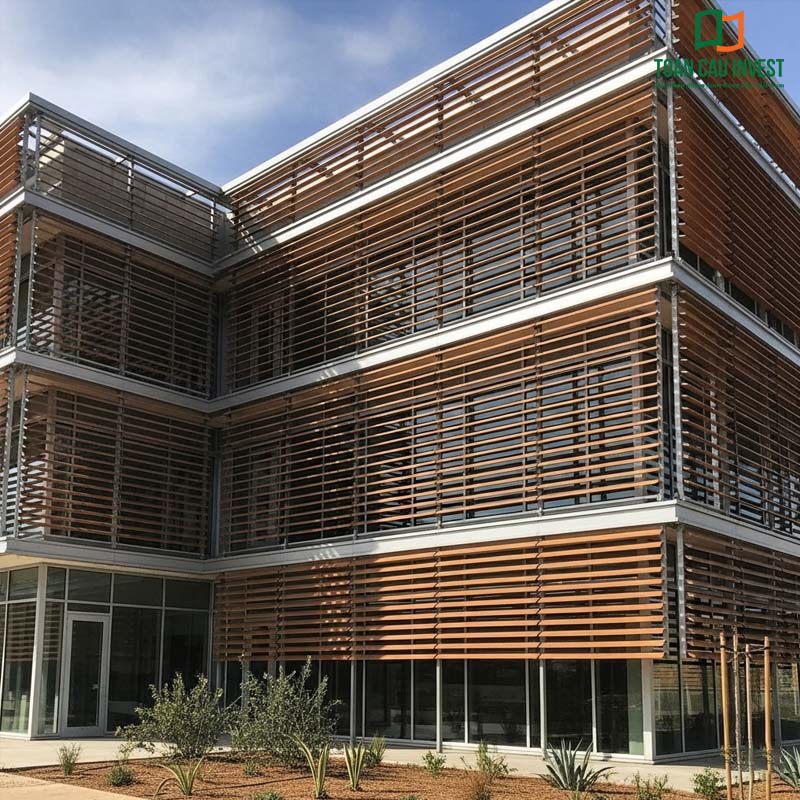 An architectural project featuring operable aluminum sun-louver panels with a wood-grain finish, providing effective shading while delivering an elegant and refined exterior appearance for the building.