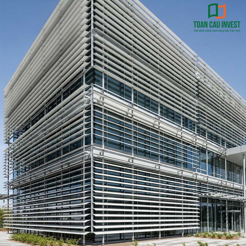 A building façade featuring an Operable Sun Louver System in a wood-grain finish, offering flexible adjustment to control natural light and create a comfortable working environment.