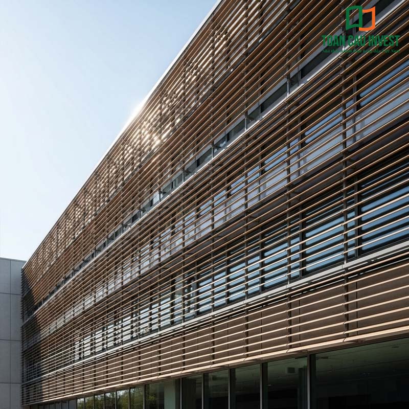 A large-scale architectural project featuring an operable sun-louver system made from premium powder-coated aluminum in white, delivering an energy-efficient and contemporary façade solution.