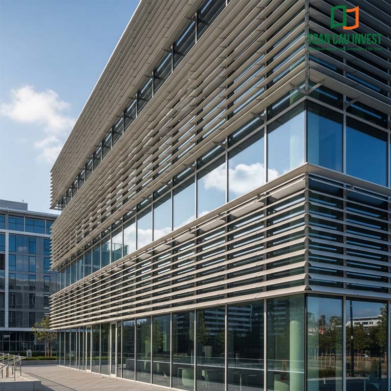 ChatGPT đã nói:A modern office building equipped with a white, horizontally oriented operable sun-louver system, providing effective shading, heat reduction, and enhanced architectural aesthetics