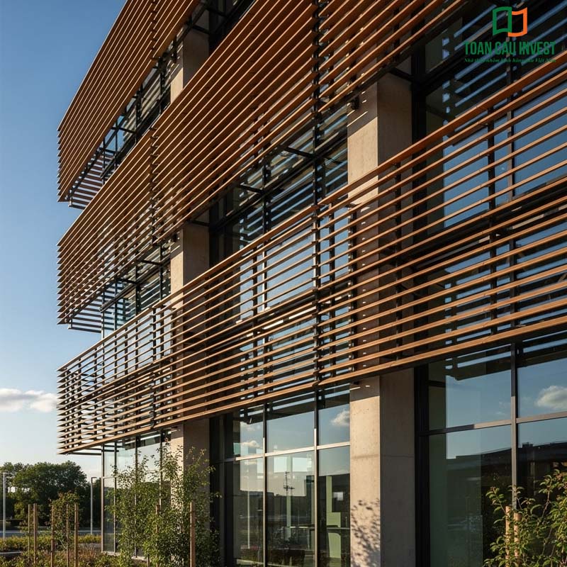 A modern building façade featuring a horizontally oriented operable sun-louver system, seamlessly integrated to enhance shading performance and improve overall energy efficiency