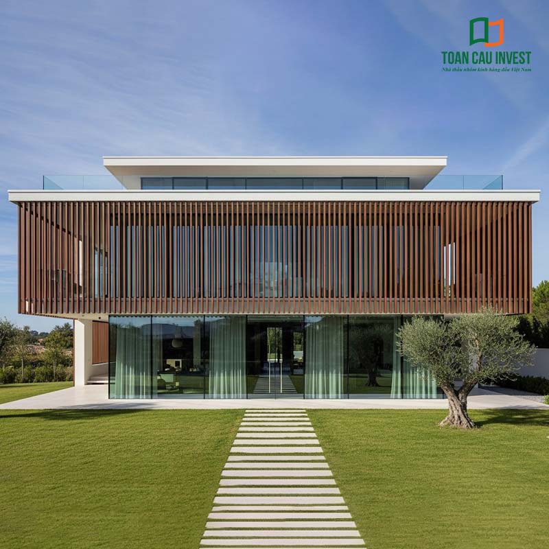 A modern villa featuring Vertical Sun Louvers made of aluminum–wood composite across the entire façade, delivering a refined aesthetic while effectively reducing heat gain.