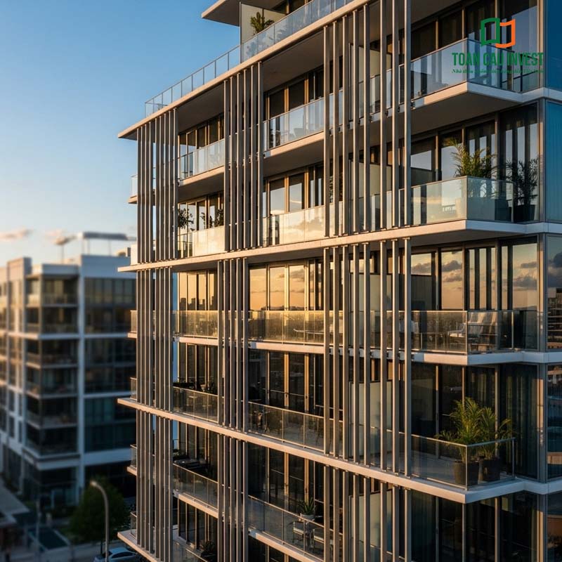 A premium residential complex featuring Vertical Sun Louvers in aluminum and glass, seamlessly integrated with tempered glass balconies to create a refined and elegant architectural expression.