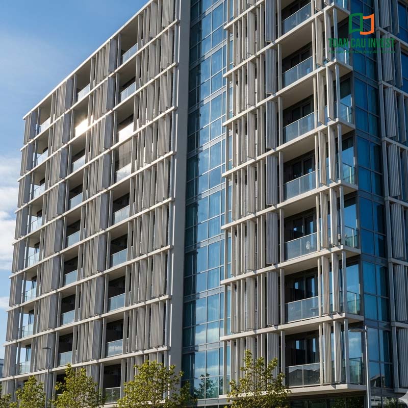 A high-rise building with an integrated design of powder-coated aluminum Vertical Sun Louvers, optimizing both solar shading performance and natural ventilation.