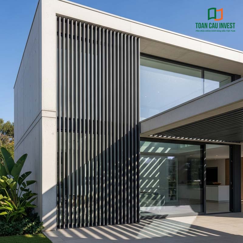 A modern villa featuring vertical louver wall panels made of aluminum alloy Vertical Sun Louvers, creating open spaces while maximizing natural daylight.