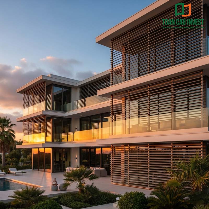 Công trình resort sang trọng kết hợp lam chắn nắng chữ sách nhôm định hình, tạo điểm nhấn kiến trúc và điều hòa ánh sáng tự nhiên