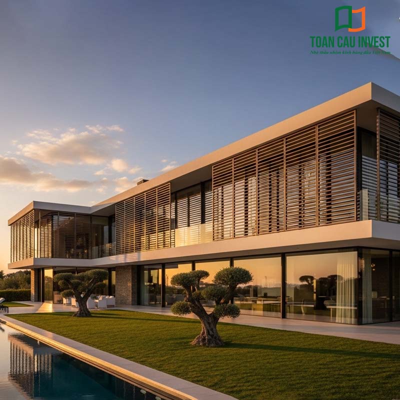 Biệt thự nghỉ dưỡng với hệ lam chắn nắng chữ sách đồng bộ, mang lại vẻ đẹp hiện đại và tối ưu hóa hiệu quả tiết kiệm năng lượng