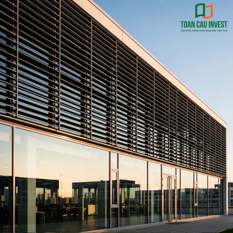 Mặt dựng kính kết hợp lam chắn nắng chữ sách bằng nhôm định hình, tăng tính thẩm mỹ và tiết kiệm năng lượng cho tòa nhà văn phòng.