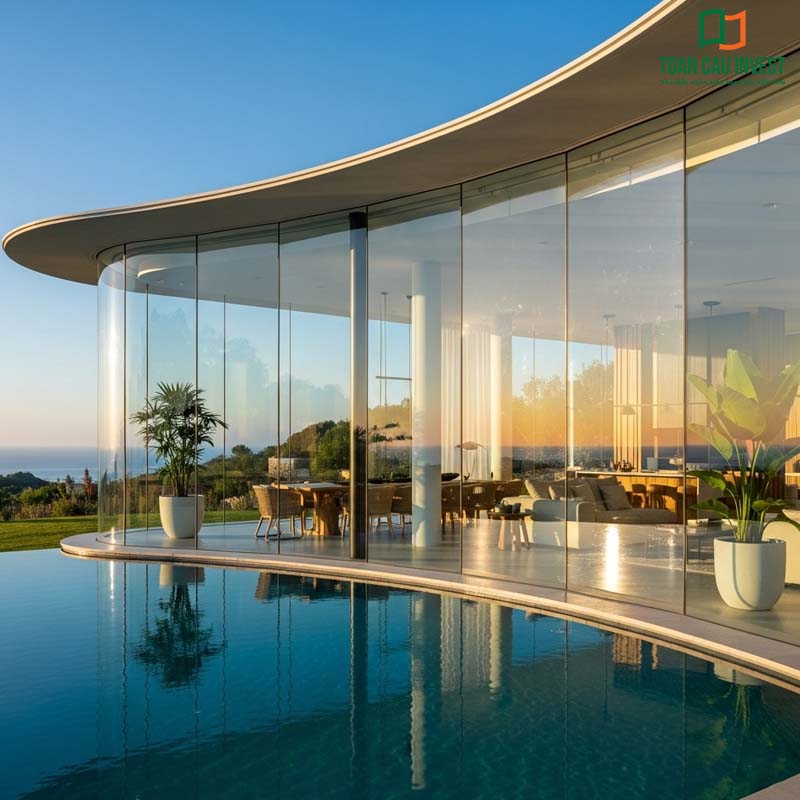 Vách kính cong trượt cho villa nghỉ dưỡng phong cách hiện đại