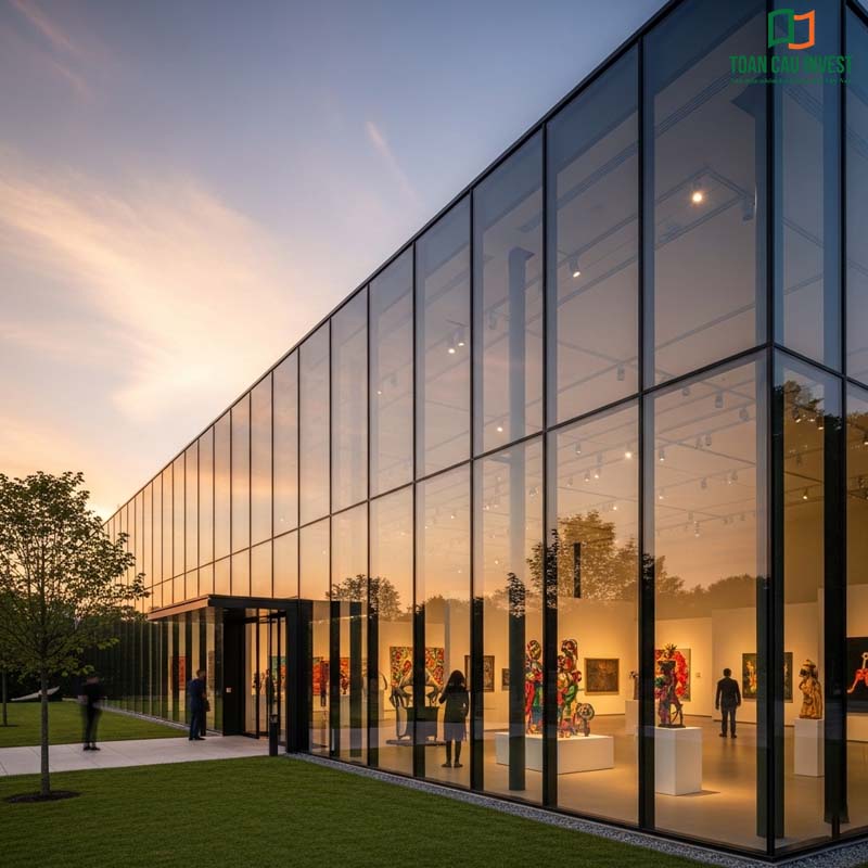 Vách kính showroom triển lãm nghệ thuật, thiết kế kiến trúc hiện đại, tối ưu ánh sáng và không gian mở
