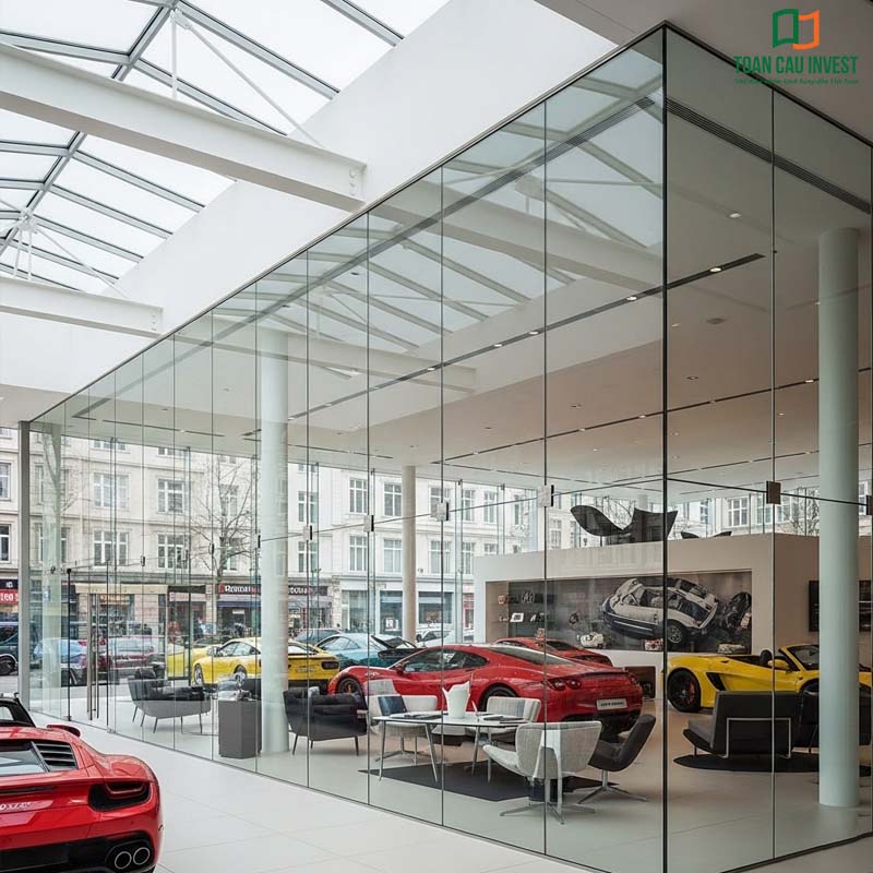 Vách kính showroom trưng bày siêu xe, thiết kế toàn kính mang lại không gian sang trọng, tôn vinh giá trị thương hiệu