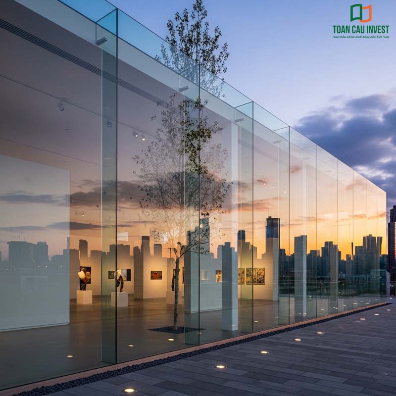 Vách kính showroom nghệ thuật, thiết kế kiến trúc mở với tường kính cường lực cao cấp, thu hút ánh nhìn