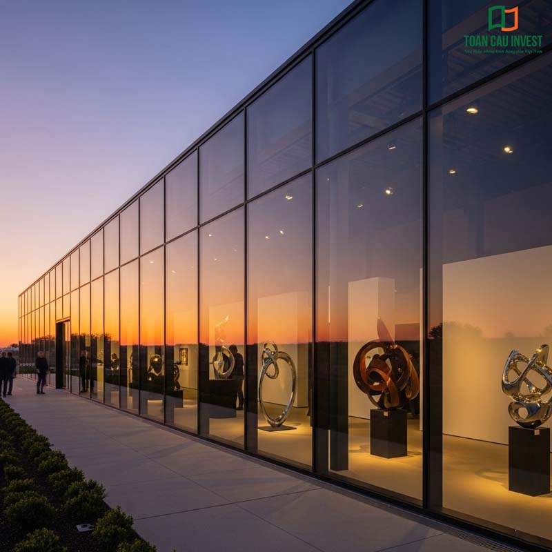 Vách kính showroom nghệ thuật cao cấp, mặt dựng toàn kính sang trọng, tạo không gian trưng bày tinh tế và thu hút