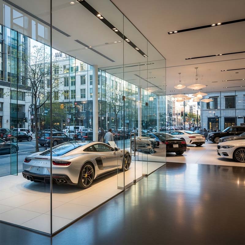 Vách kính showroom ô tô hiện đại, thiết kế sang trọng giúp trưng bày siêu xe nổi bật, tối đa hóa tầm nhìn và ánh sáng tự nhiên