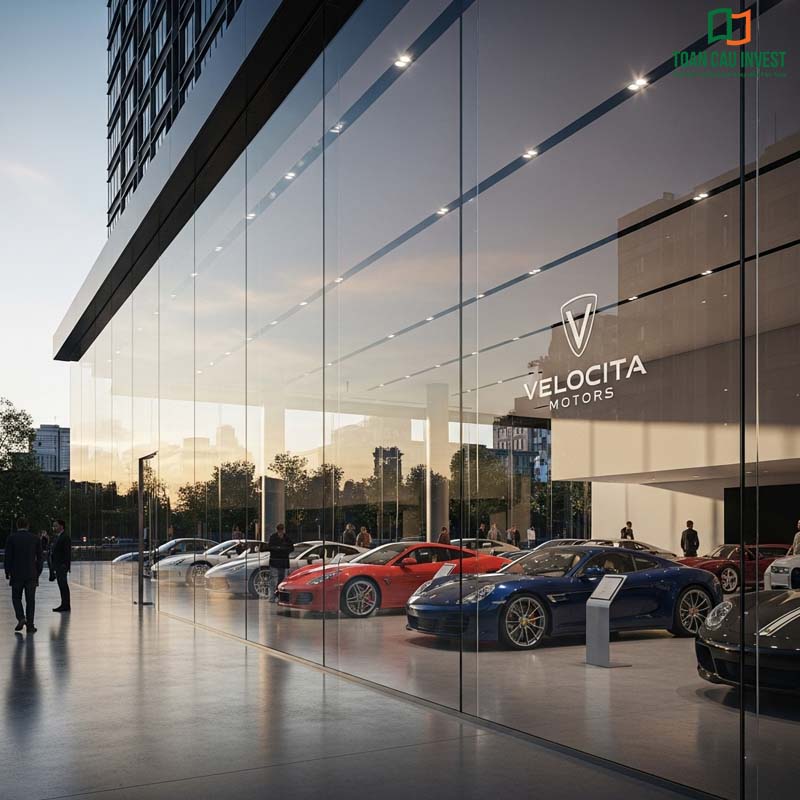 Vách kính showroom ô tô sang trọng, không gian trưng bày hiện đại với kiến trúc kính trong suốt đẳng cấp