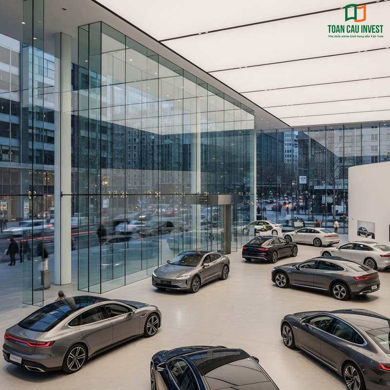 Vách kính showroom xe hơi, không gian trưng bày ô tô hiện đại với mặt dựng kính toàn cảnh sang trọng