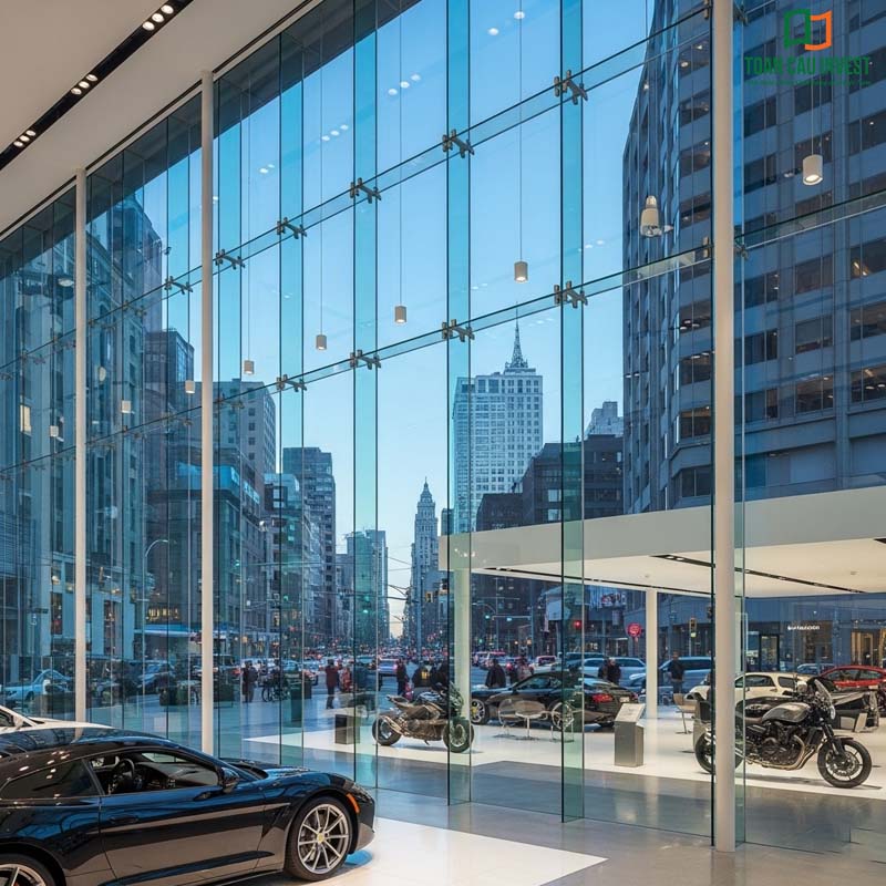 Vách kính showroom Toàn Cầu Invest – giải pháp kiến trúc kính hiện đại, tối ưu trưng bày và khẳng định đẳng cấp
