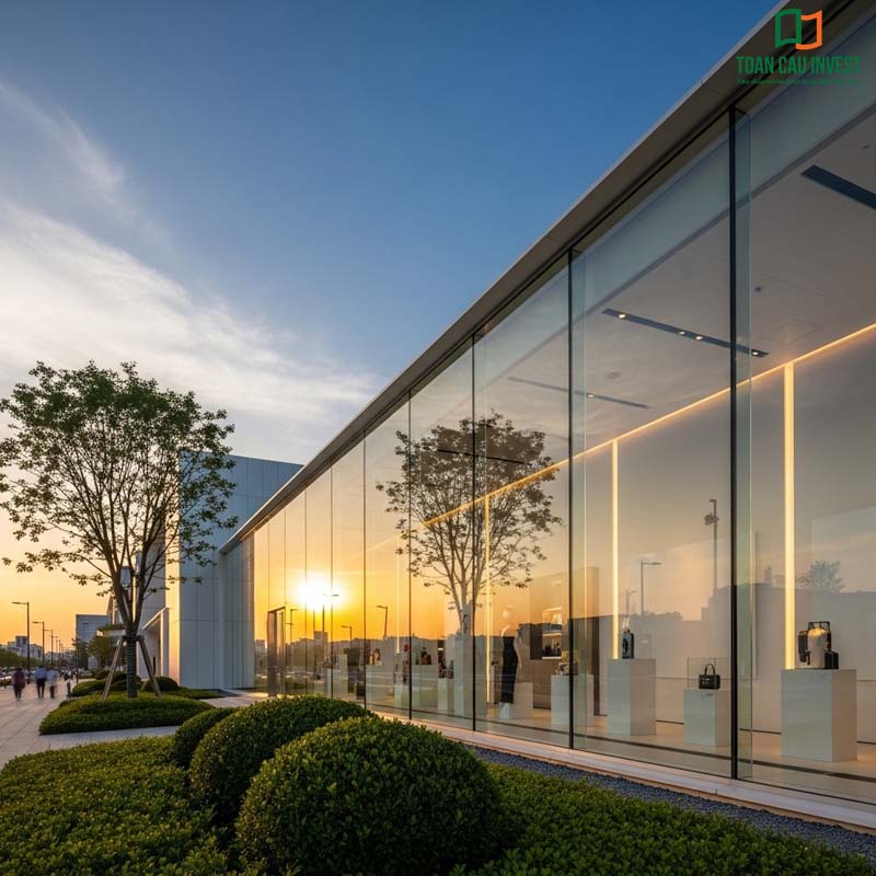Vách kính showroom trưng bày sản phẩm, thiết kế tối giản, hiện đại với không gian mở, sang trọng và tinh tế