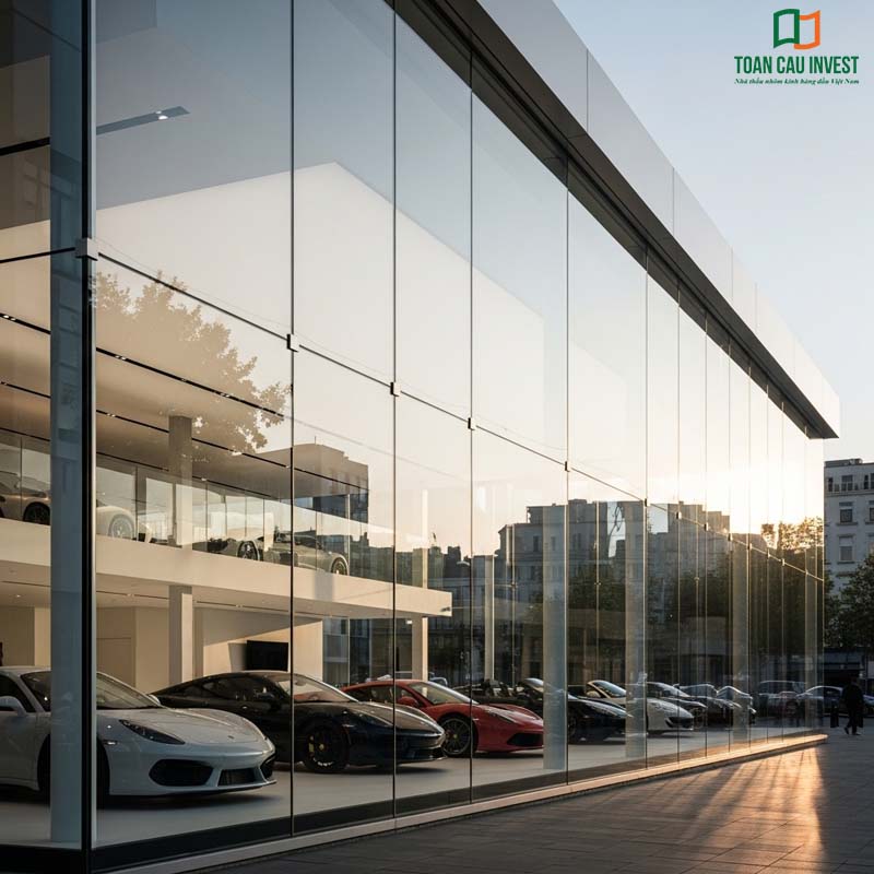 Vách kính showroom xe hơi cao cấp, mặt dựng kính toàn cảnh tạo ấn tượng sang trọng, tăng giá trị thương hiệu