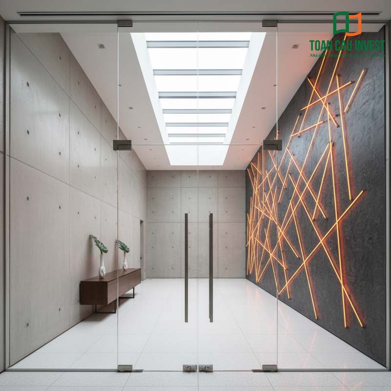 Cửa kính cường lực tự động tại hành lang rộng, kết hợp trần kính lấy sáng mang đến không gian mở tinh tế.