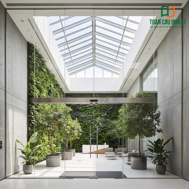 Cửa kính cường lực tự động khung nhôm tại sảnh chính tòa nhà, kết hợp trần kính lấy sáng tự nhiên.