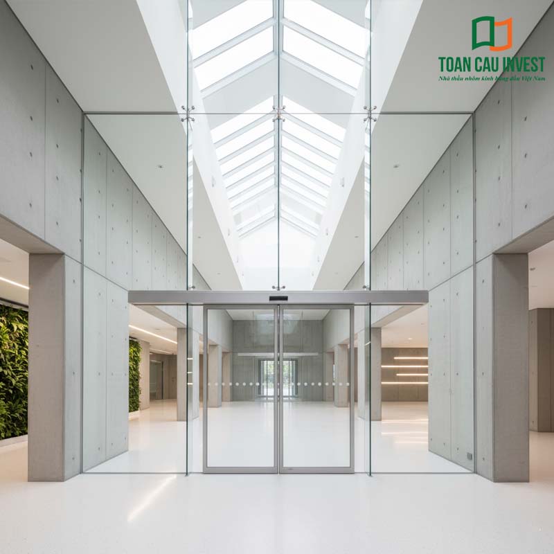 Cửa kính cường lực hai cánh, thiết kế kết hợp tường bê tông và ánh sáng trang trí độc đáo.