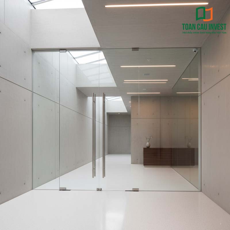 Cửa kính cường lực mở quay hai cánh trong không gian nội thất hiện đại, kết hợp cầu thang xoắn ấn tượng.