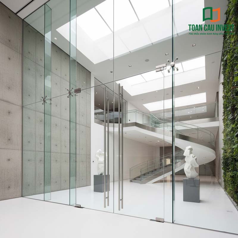 Cửa kính cường lực mở quay hai cánh trong không gian nội thất hiện đại, kết hợp cầu thang xoắn ấn tượng.