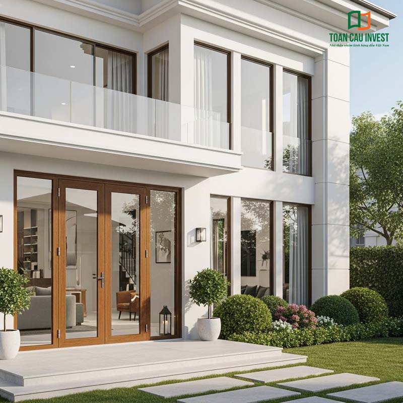 Cửa nhôm kính giả gỗ mở quay sang trọng cho biệt thự – điểm nhấn kiến trúc tinh tế, bền đẹp theo thời gian