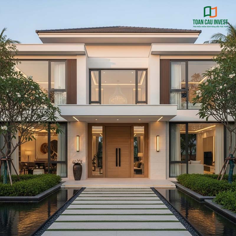 Cửa nhôm kính giả gỗ cao cấp lắp đặt cho biệt thự hiện đại – thiết kế đối xứng, tinh tế, tôn vinh không gian sang trọng