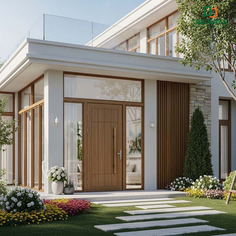 Cửa nhôm kính giả gỗ kết hợp kính cường lực trong suốt – điểm nhấn kiến trúc cho biệt thự vườn phong cách châu Âu.